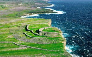 Dun Aenghus ancient Celtic stone fort high on the cliffs of Inishmore, the largest of the Aran Islands, County Galway, Ireland.
