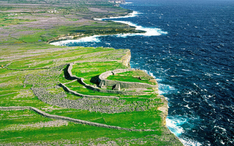 Dun Aenghus ancient Celtic stone fort high on the cliffs of Inishmore, the largest of the Aran Islands, County Galway, Ireland.